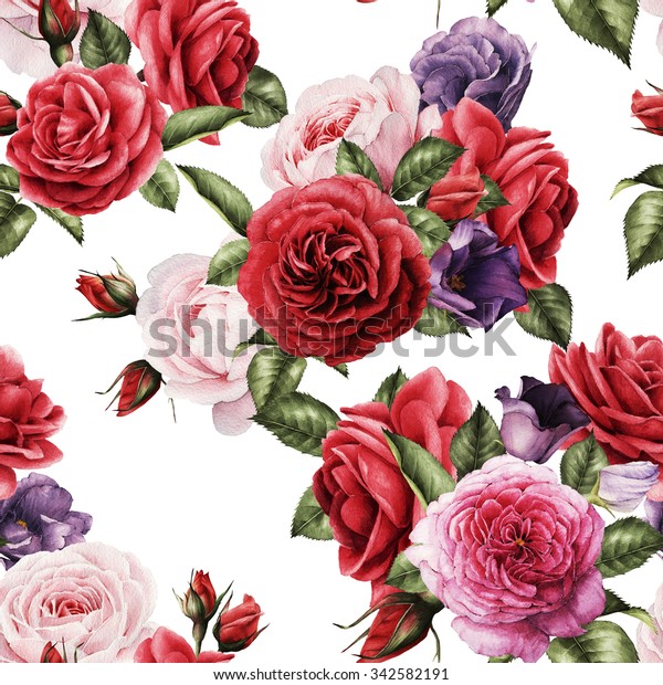Seamless floral pattern with red rose floral wallpaper, watercolor. 