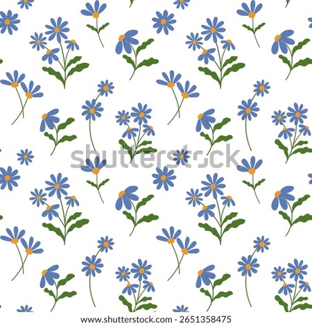 Seamless floral pattern with simple blue daisies and green leaves. Ideal for textiles, paper goods, digital projects, packaging, and creative crafts. Fresh and charming design.