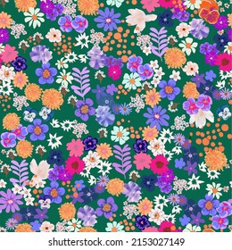 Seamless floral pattern with small multi-colored wildflowers on a dark green background.
