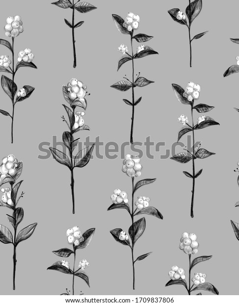 シームレスな花柄 スノーベリーの花 白いベリーの小枝 優美なビンテージの白黒のスケッチ 壁紙 布地 繊維 包装 ウエディングデザインのデザイン の イラスト素材