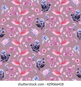 Seamless floral pattern. Stylized decorative fantasy hand painted watercolor abstract flowers, buds, leaves and stems on purple (orchid haze) background. Ornament can be used for prints, textile etc.