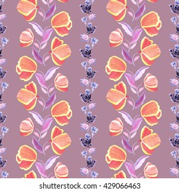 Seamless floral pattern. Stylized decorative fantasy hand painted watercolor abstract flowers, buds, leaves and stems on purple (orchid haze) background. Ornament can be used for prints, textile etc.