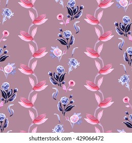 Seamless floral pattern. Stylized decorative fantasy hand painted watercolor abstract flowers, buds, leaves and stems on purple (orchid haze) background. Ornament can be used for prints, textile etc.