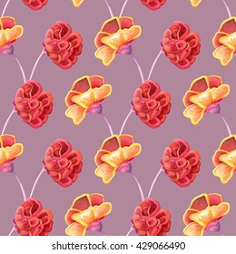 Seamless floral pattern. Stylized decorative fantasy hand painted watercolor abstract red and yellow flowers with stems on purple (orchid haze) background. Ornament can be used for prints, textile etc