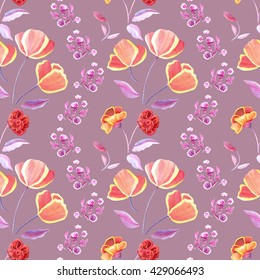 Seamless floral pattern. Stylized decorative fantasy hand painted watercolor abstract flowers, buds, leaves and stems on purple (orchid haze) background. Ornament can be used for prints, textile etc.