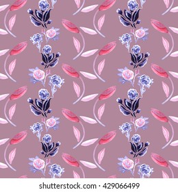 Seamless floral pattern. Stylized decorative fantasy hand painted watercolor abstract flowers, buds, leaves and stems on purple (orchid haze) background. Ornament can be used for prints, textile etc.