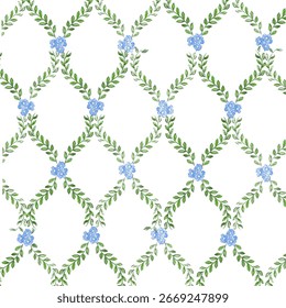 Seamless floral pattern trellis shape fabric, wallpaper, wrapping, clothes, blue, green, leave, viney