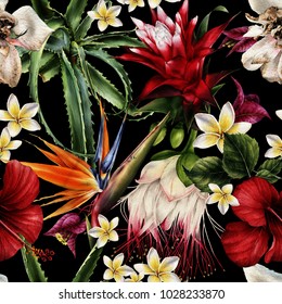 Seamless floral pattern with tropical flowers, watercolor.