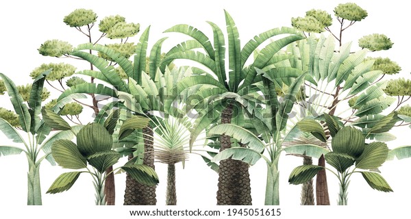 Seamless floral pattern with tropical trees on summer background. Template design for textiles, interior, clothes, wallpaper. Watercolot illustration. Botanical art