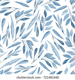 Seamless Floral Pattern With Watercolor Blue Branches With Leaves, Hand Drawn Isolated On A White Background