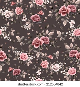 Seamless Floral Pattern With White, Purple And Pink Roses On Dark Background, Watercolor.