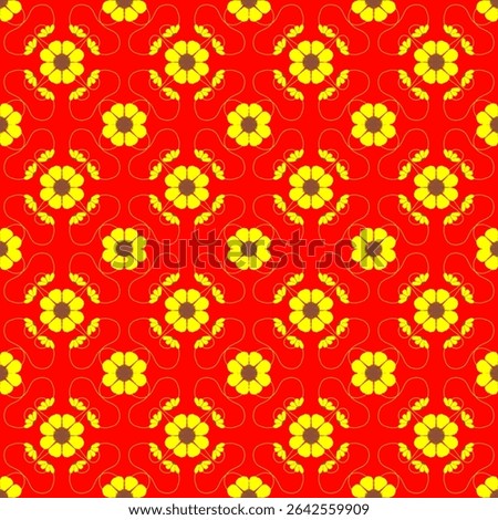 seamless floral pattern,created by drawing curves together to branches and yellow flowers with brown stamens,with a red background,in geometric patterns,combined to create beautifu,fabric and tile.