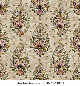 Seamless floral sepia grunge print texture background. Worn mottled flower bloom pattern textile fabric. Grunge rough blur linen all over print 
