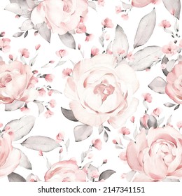 seamless floral watercolor pattern with garden pink flowers roses, peonies, leaves, branches. Botanic tile, background.  