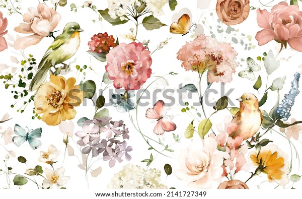 seamless floral watercolor pattern with garden pink flowers roses, leaves, birds,  butterfly, branches. Botanic tile, background.  