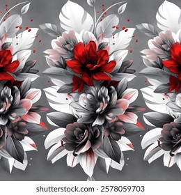 Seamless flower corner freebie floral, in the style of black and red realism, red and gray textile design