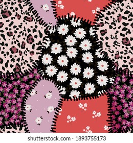 seamless flower and leopard mix print, animal flower patchwork  print.