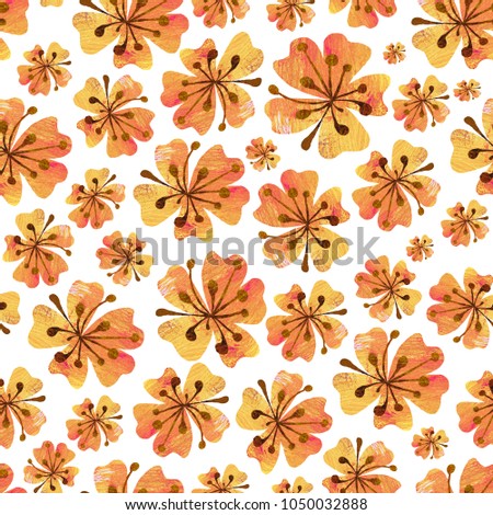 Seamless flower pattern on white background. Yellow orange wallpaper desing. Cartoon flowers. 