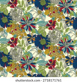 Seamless flower pattern with pink, blue and golden yellow color hand drawn art abstract floral and leaf background elements. Flower garden wallpaper vector