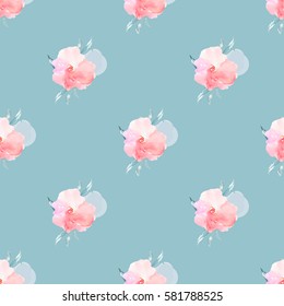 Seamless Flower Pattern With Teal Blue Background And Pink Watercolor Flowers