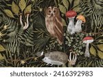 Seamless forest pattern with owl, hedgehog, foliage, snail, fern. Magical dark forest with animals, mushrooms and plants.