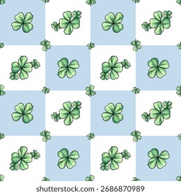Seamless four-leaf clover pattern, lucky shamrock background on pastel blue and white, St. Patrick’s Day repeating design