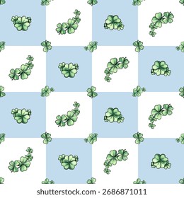 Seamless four-leaf clover pattern, lucky shamrock background on pastel blue and white, St. Patrick’s Day repeating design