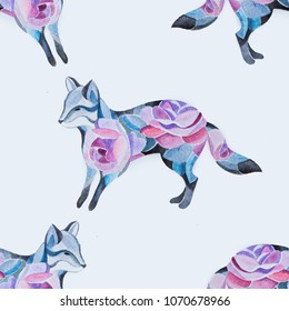 Seamless fox pattern in flowers on a white background.