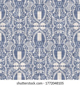 Seamless French Farmhouse Linen Printed Winter Holiday Background. Provence Blue Gray Linen Pattern Texture. Shabby Chic Style Festive Christmas Candle Motif Background. Textile Rustic All Over Print