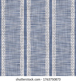 Seamless french farmhouse woven linen stripe texture. Ecru flax blue hemp fiber. Natural pattern background. Organic  ticking fabric for kitchen towel material. Pinstripe material allover print