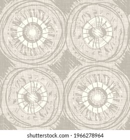 Seamless french taupe circle farmhouse linen printed fabric background. Light dotted grey cottage pattern. Shabby chic woven 2 tone cloth effect. Textile rustic organic ecru neutral all over print. 
