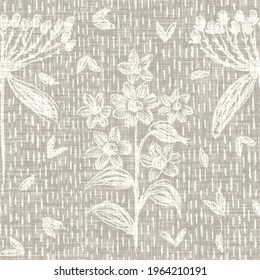 Seamless french taupe floral farmhouse linen printed fabric background. Light mottled grey cottage pattern. Shabby chic woven 2 tone cloth effect. Textile rustic organic ecru neutral all over print. 
