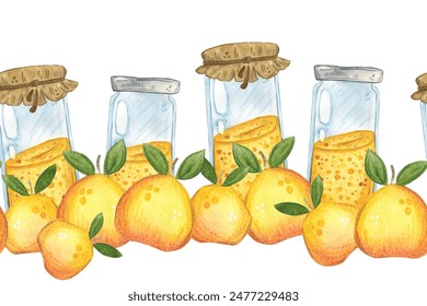 Seamless fruit border from jam jars. Hand drawn watercolor illustration. For menus, labels, paper, textiles