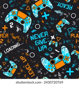 Seamless gamepad icon with game slogans on soft dark background. Endless funny pattern. Gamer life. Gamepad icon. Gamer background.