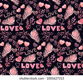 seamless gentle watercolor patterns to the day of the holy valentine with hearts, feathers and other elements of decor