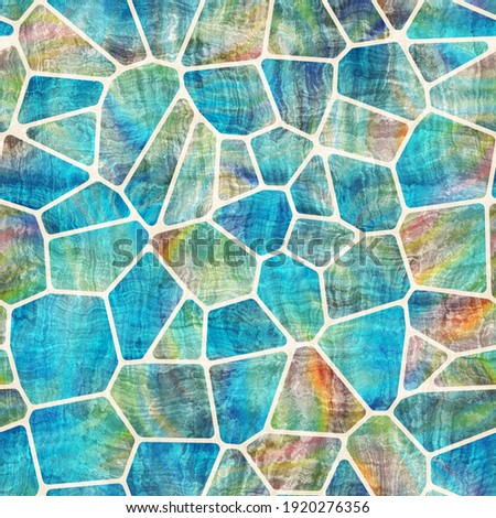 Seamless geo tile shape collage surface pattern. High quality illustration. Random chunks of color chaotically jumbled together inside voronoi jigsaw puzzle shapes. Ornate and detailed texture.