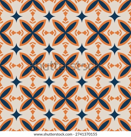 Seamless geometric ethnic pattern with abstract floral and diamond shapes, terracotta orange and navy blue tile ornament for textile, wallpaper, home decor, mediterranean style ceramic background