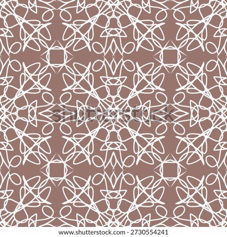 Seamless geometric mandala pattern with white filigree line art on brown background for luxury wallpaper, elegant fabric textile and vintage ornament backdrop design.