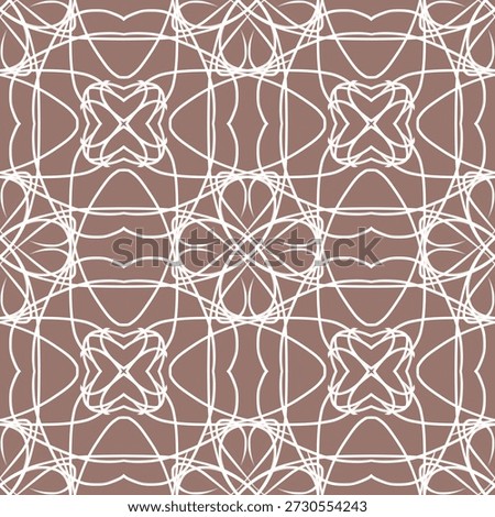 Seamless geometric mandala pattern with white filigree line art on brown background for luxury wallpaper, elegant fabric textile and vintage ornament backdrop design.