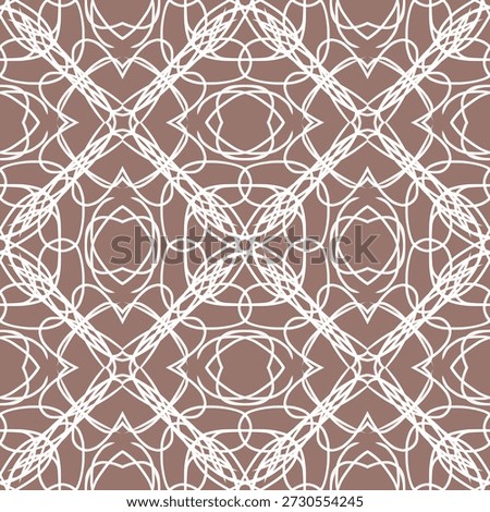 Seamless geometric mandala pattern with white filigree line art on brown background for luxury wallpaper, elegant fabric textile and vintage ornament backdrop design.