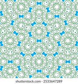 Seamless geometric pattern with blue butterflies and green shapes on a white background - Powered by Shutterstock