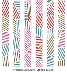 Seamless geometric pattern with bold diagonal stripes in red, pink, teal, and brown. Modern and edgy design, ideal for digital backgrounds, wrapping paper, or fashion prints.