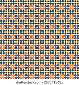 Seamless geometric pattern of circles and diamonds in green, red, blue, and yellow—retro decorative design ideal for wallpaper, textiles, packaging, and surface design projects.