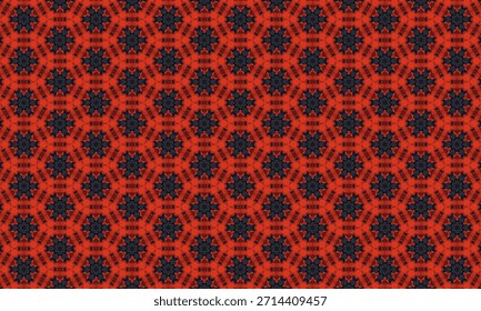A seamless geometric pattern featuring symmetrical shapes in red and black, creating a visually striking and cohesive design.