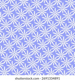 Seamless geometric pattern featuring white star-like floral shapes with a worn textured look on a light lavender or periwinkle background with small, delicate dots.