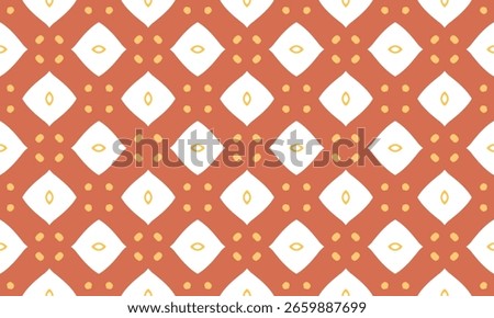 Seamless geometric pattern with white diamond shapes and yellow accents on a terracotta background. Inspired by folk art and tribal design, perfect for textiles, prints, and decor.