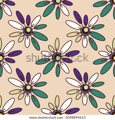 Seamless geometry floral pattern. Simple background green, purple, white flowers. Beige background.  Illustration. Designed for textile fabrics, wrapping paper, background, wallpaper, cover.