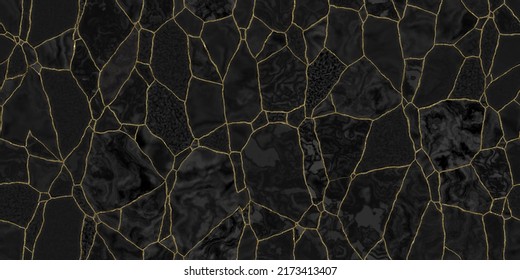 Seamless Glossy Black Gold Encrusted Broken Marble Mosaic Tiles Background Texture. Luxury Cracked Ceramic Art Deco Cobblestone Tileable Wallpaper Pattern. High Resolution 3D Rendering.
