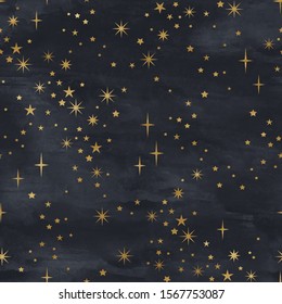 Seamless gold on black starry pattern. Festive christmas background