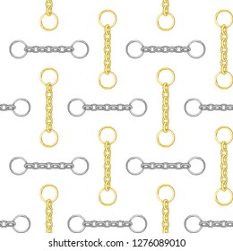 Seamless gold and silver color chain pattern on white background.